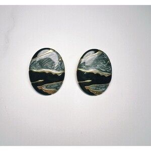 Vintage Earrings 80's Women's Large Gold Black Grey Enamel Disc Jewelry